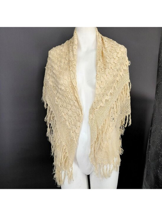Unknown Accessories - Vintage Crochet Shawl Wrap Women White Fringe Floral Boho Festival Pashmina